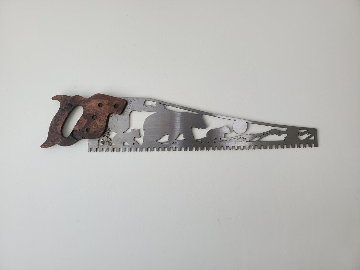 Bears in the woods hand saw wall art