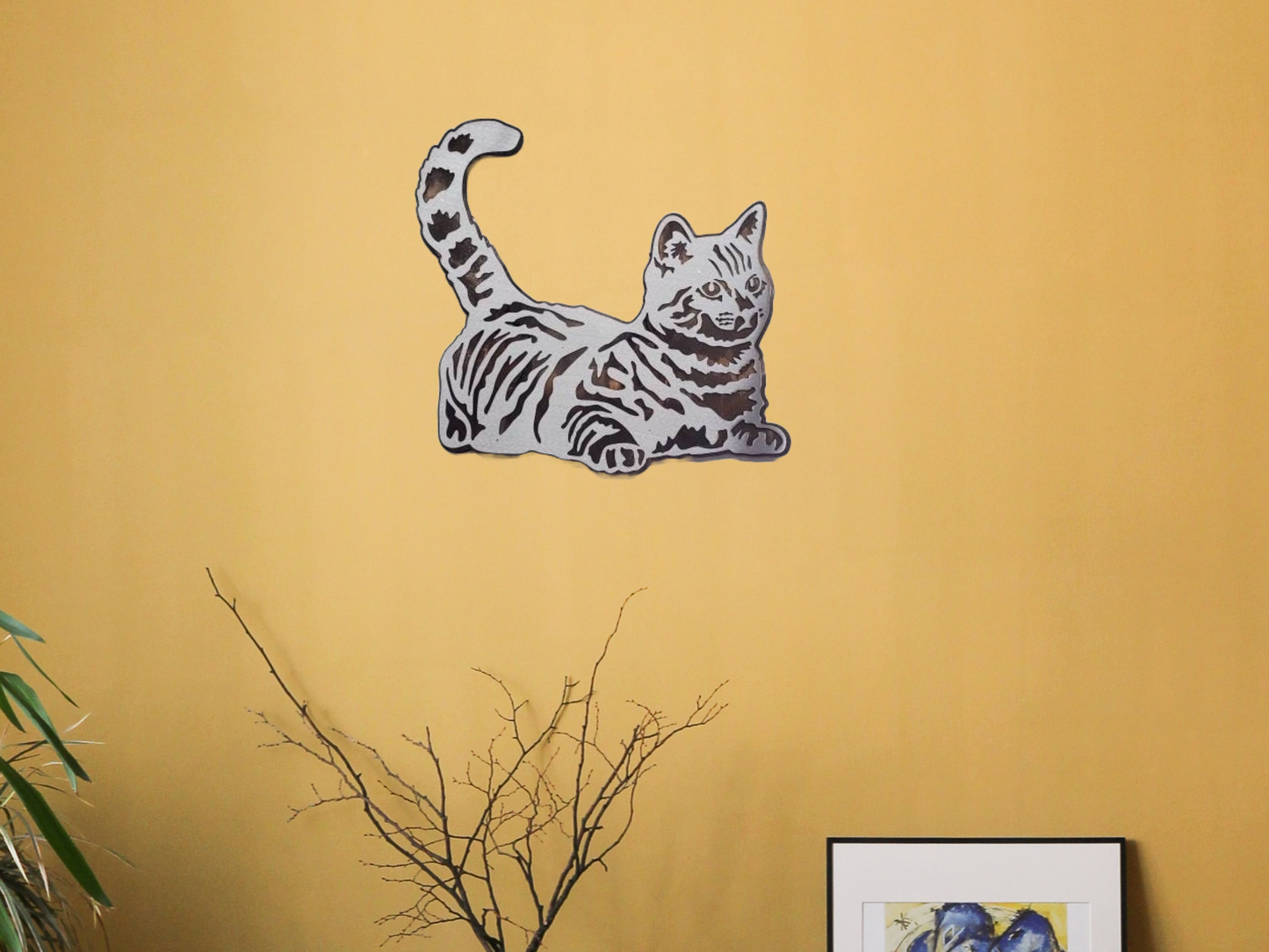 House Cat Metal Art on Wood