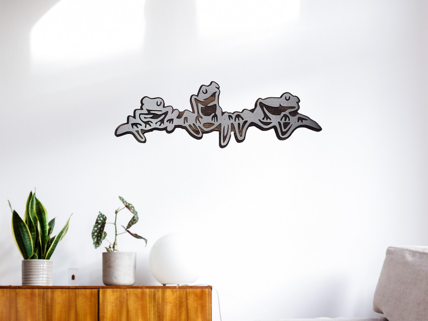 Frogs on a branch scene wall art metal frog wall hanging Made in USA metal on wood rustic wall décor cabin decor lake home