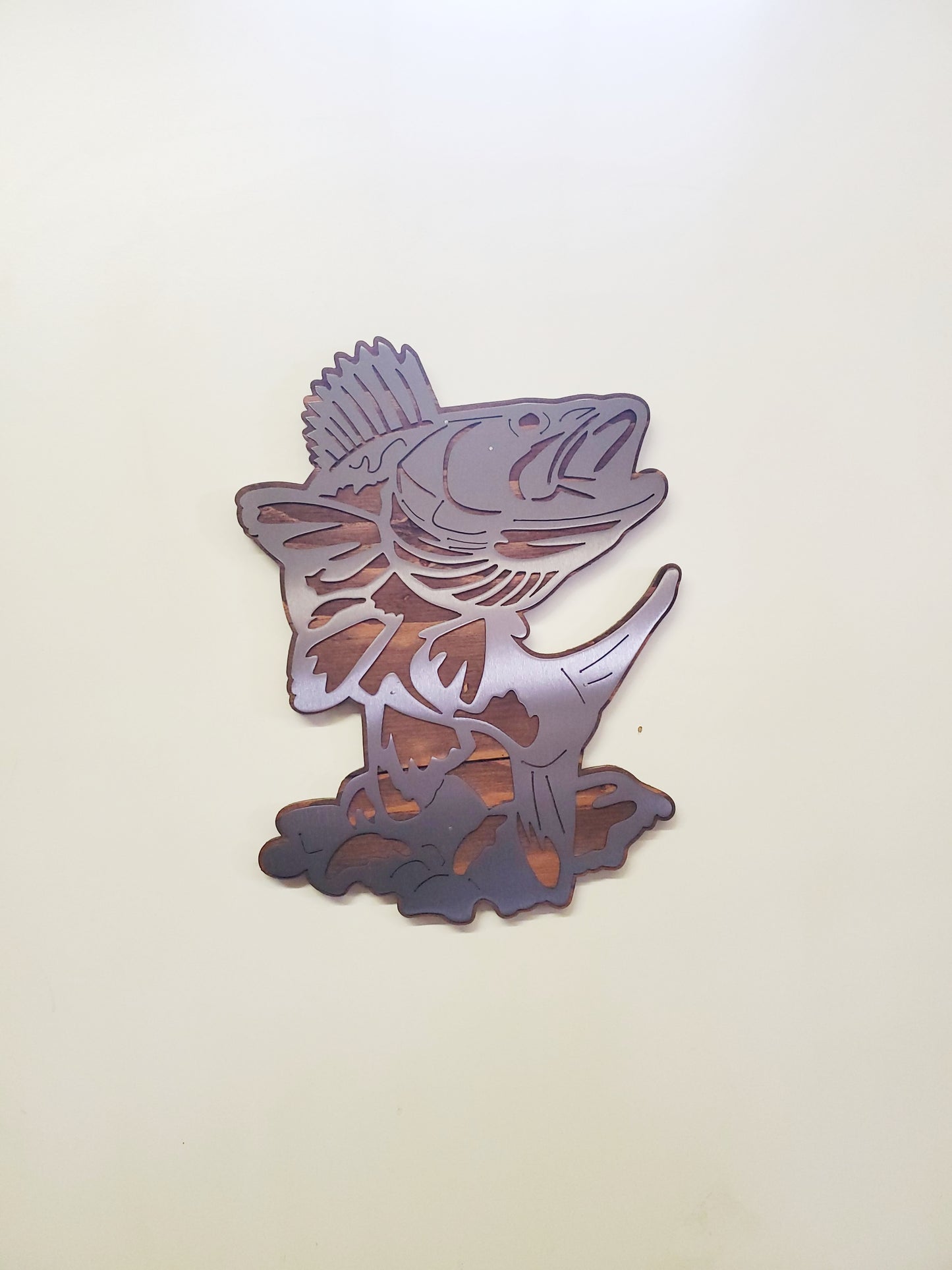 Walleye on the Rocks Metal Art on Wood