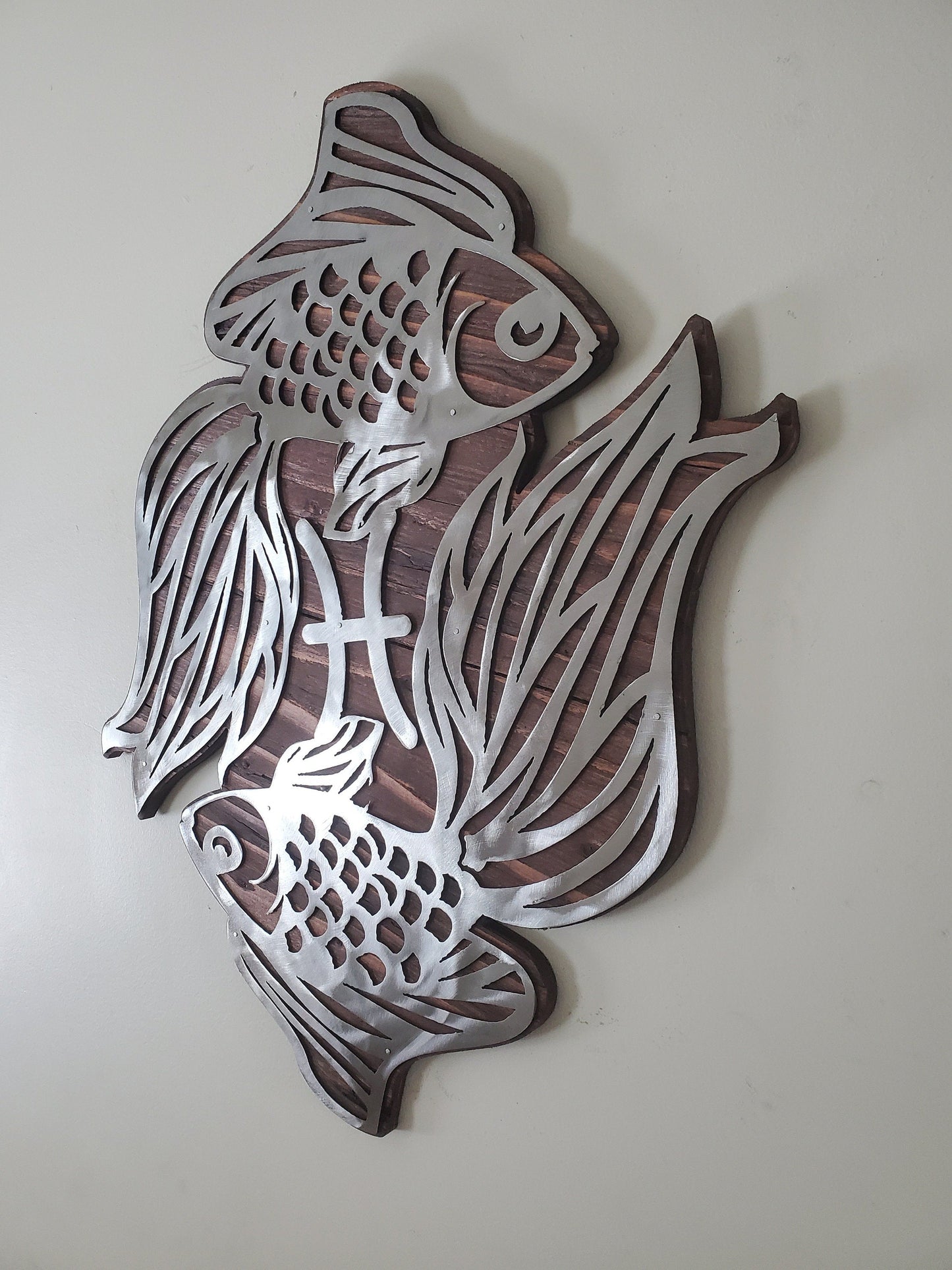 Pisces Symbol Metal Art on Wood