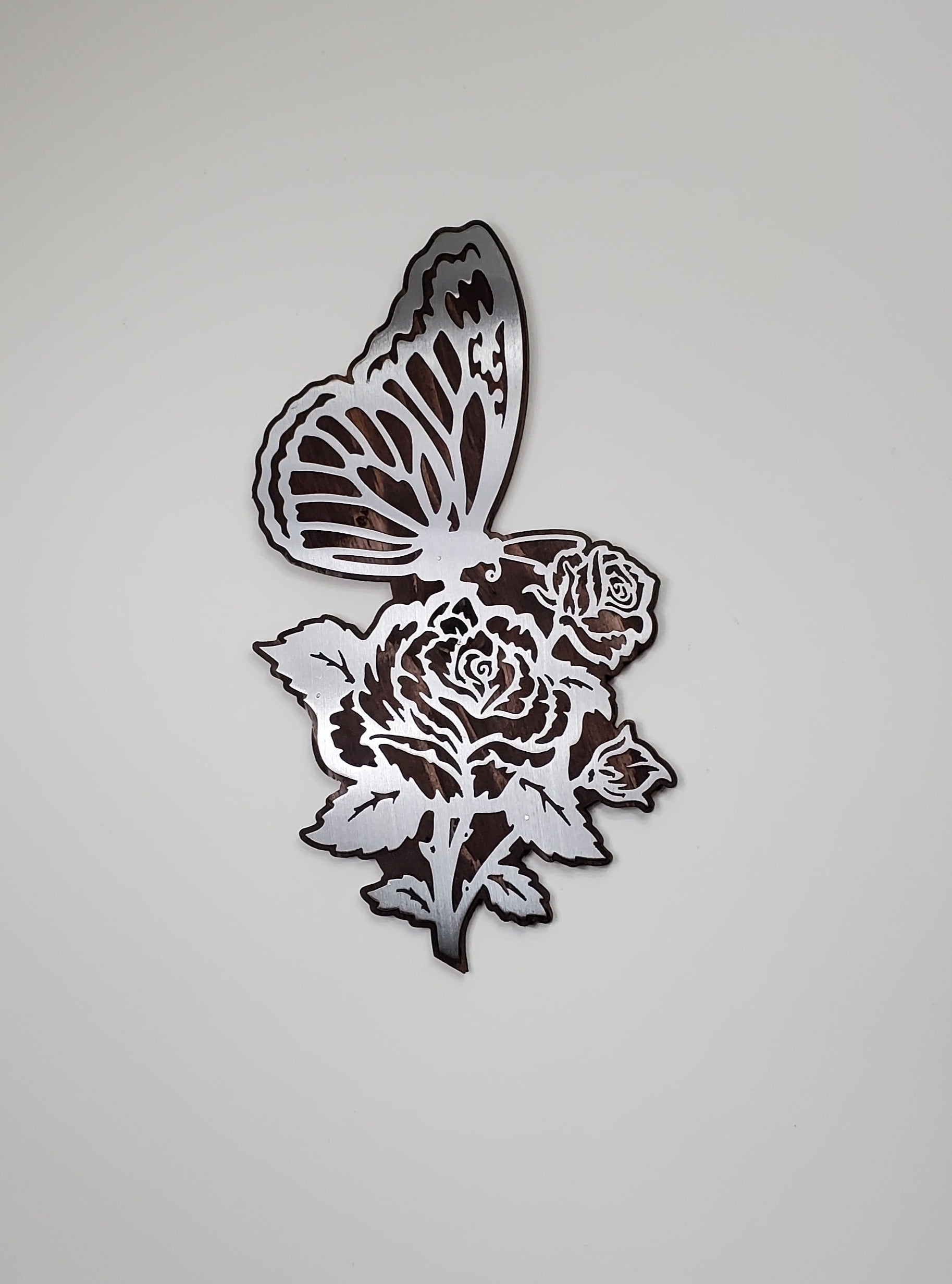 butterfly on rose metal art beamish