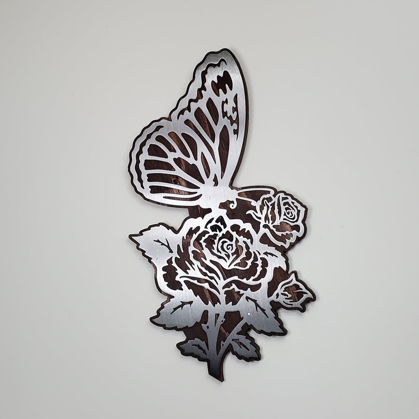 butterfly on rose metal art beamish