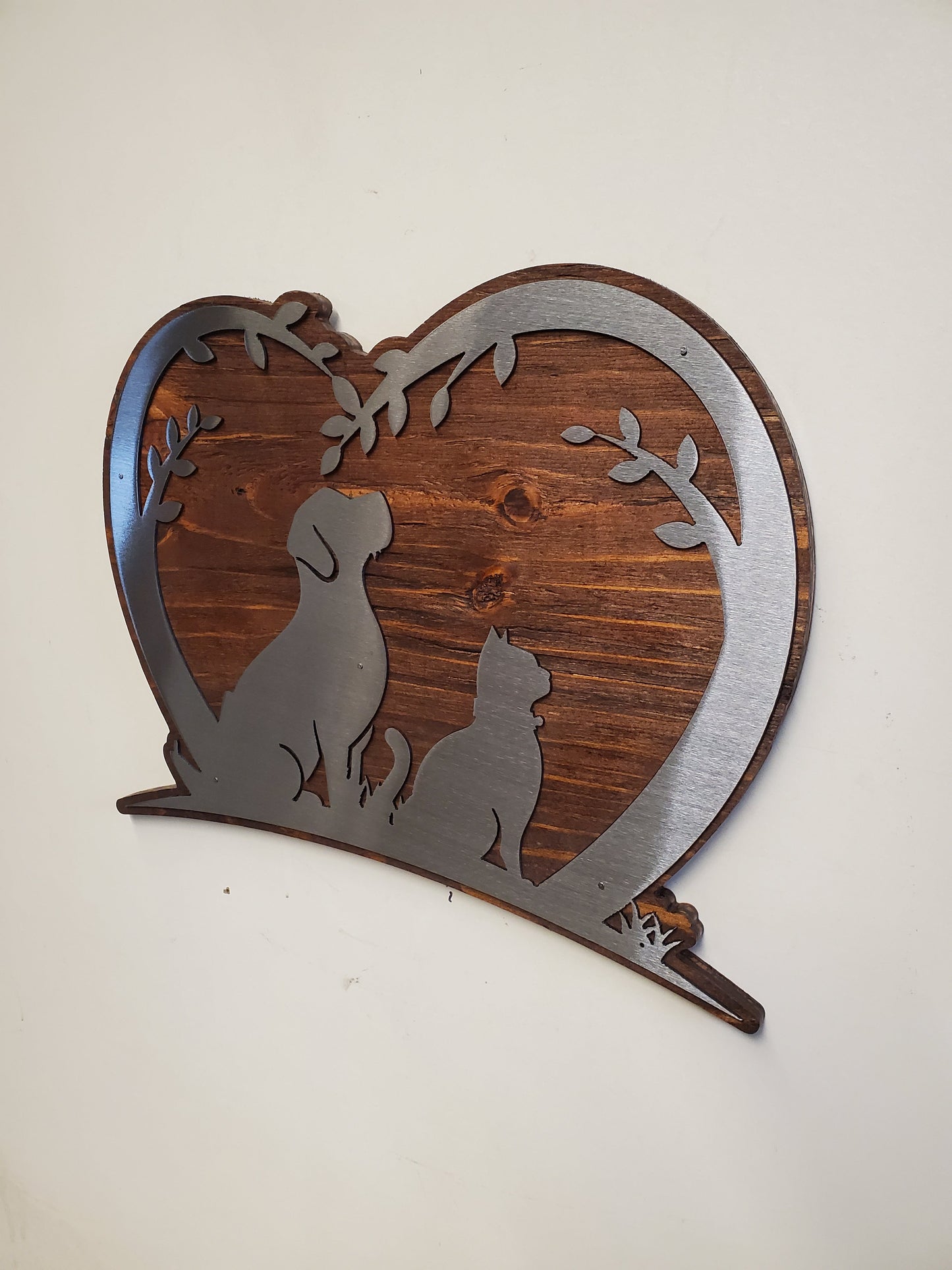 Dog and Cat in a Heart Metal Art on Wood