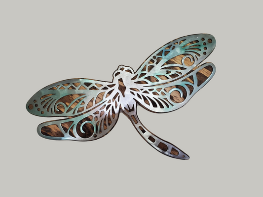 beautiful Dragonfly metal and wood wall sculpture, the perfect addition to any home looking for a unique piece of metal art home decor. This sculpture is made in our family shop in Minnesota, using rustic stained wood and clear-coated steel.