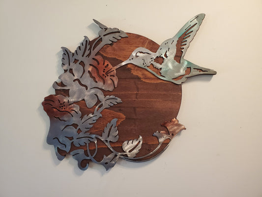 Humming bird metal art on wood