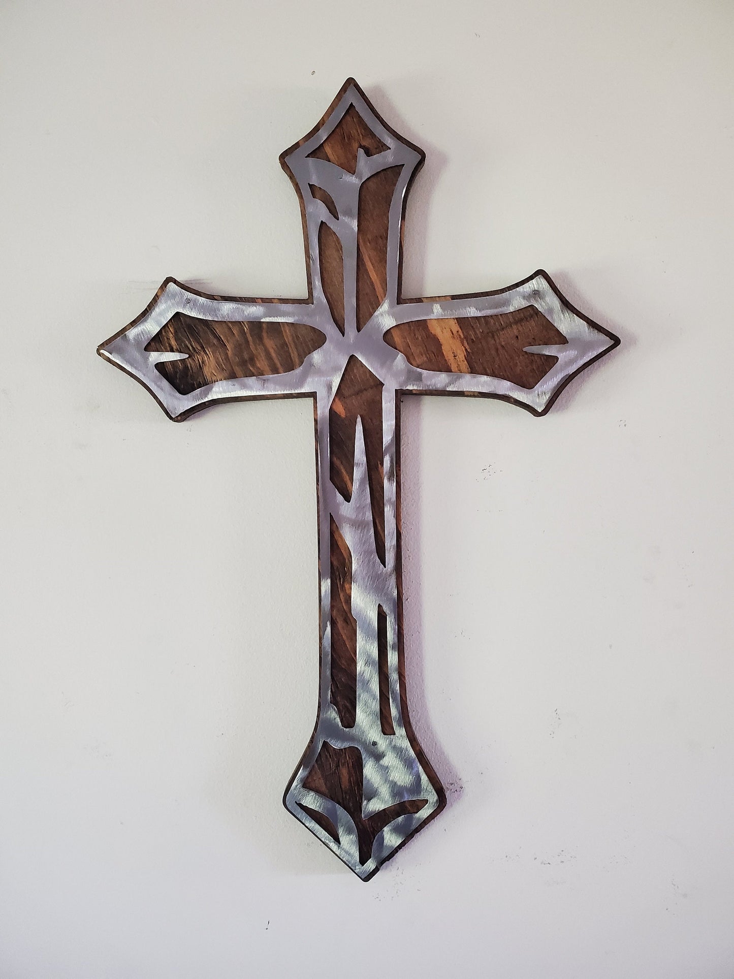 Distressed Cross metal art on wood   | Made in USA