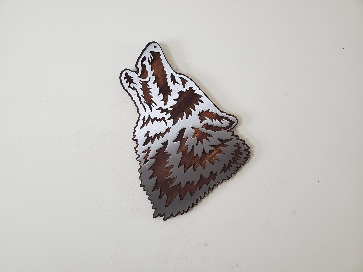 Howling Wolf Head Metal Art on Wood