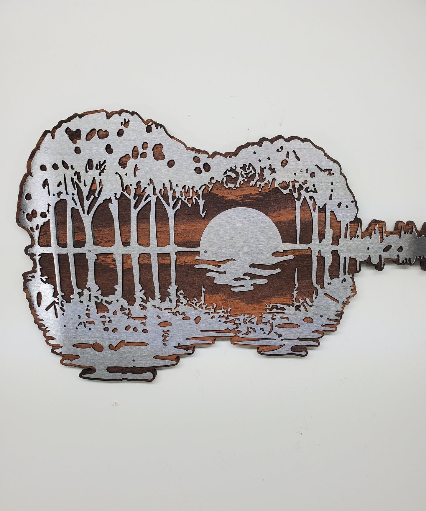 Sunset Guitar Reflections Lake Scene | Metal Art on Wood