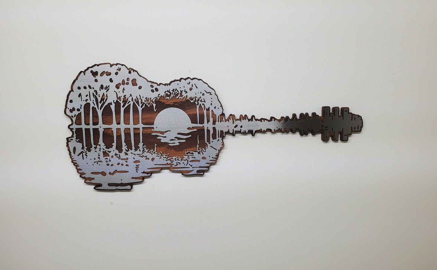 Sunset Guitar Reflections Lake Scene | Metal Art on Wood