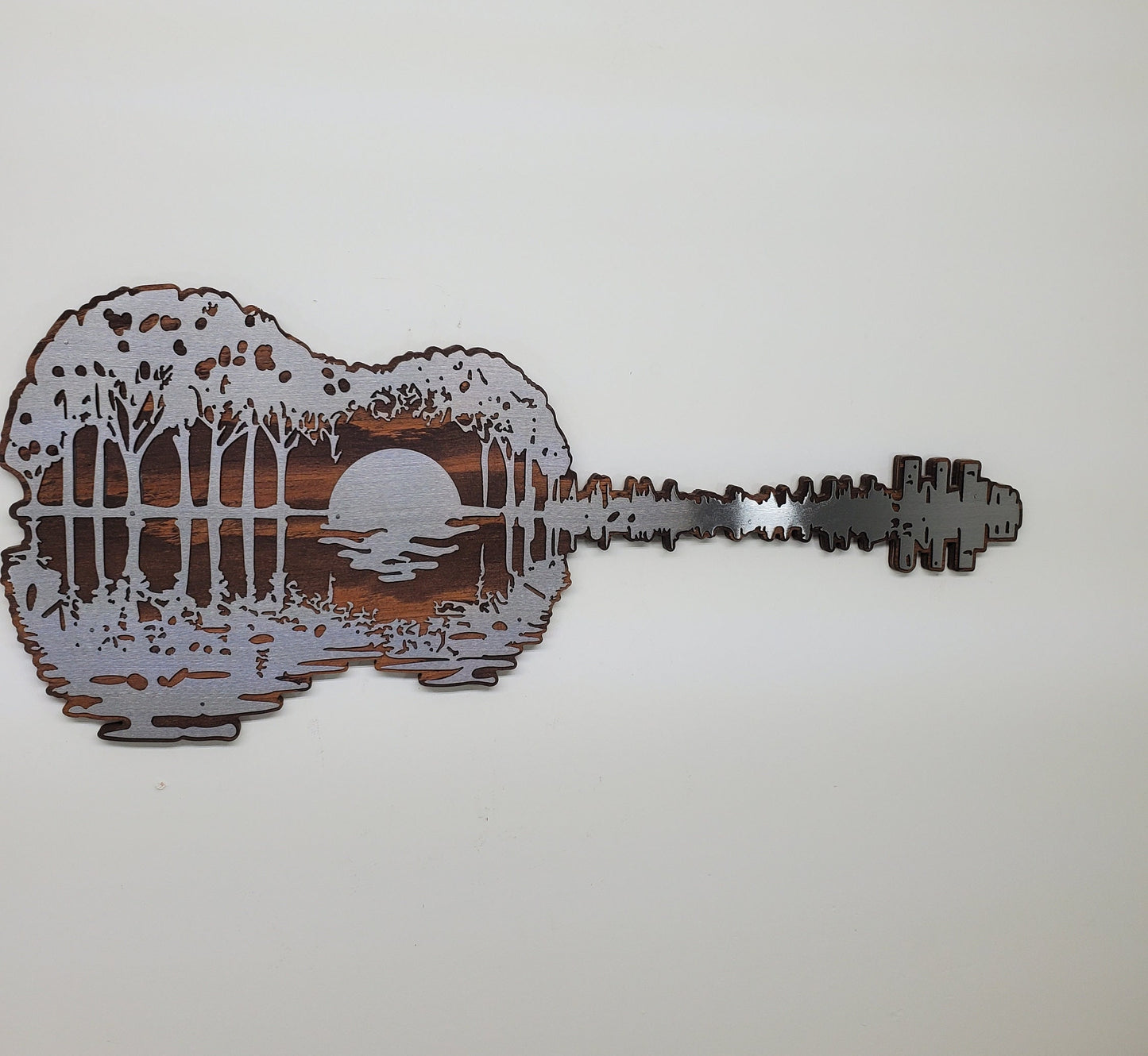 Sunset Guitar Reflections Lake Scene | Metal Art on Wood