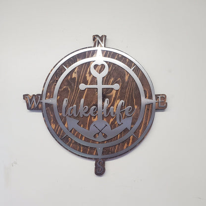 Nautical Compass Lake Life Metal Art on Wood
