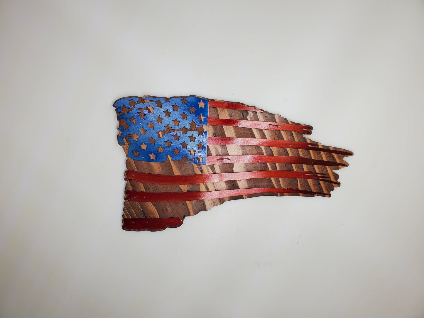 tattered metal on wood American flag wall decor