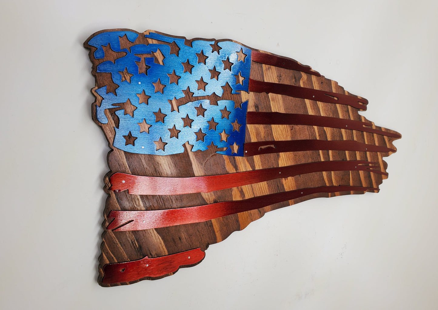 tattered metal on wood American flag wall decor