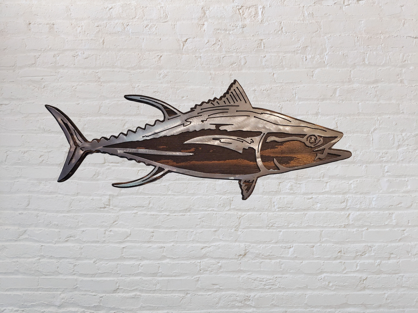 Tuna fish metal art on rustic stained wood background. Easy to hang. Unique gift idea