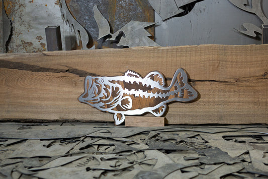 Large mouth bass wall decoration metal and wood art
