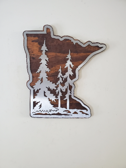 Minnesota shape metal art wall decor with trees