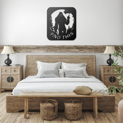 Bigfoot in the Woods "Find This" Metal Art - Handcrafted Sasquatch Wall Decor