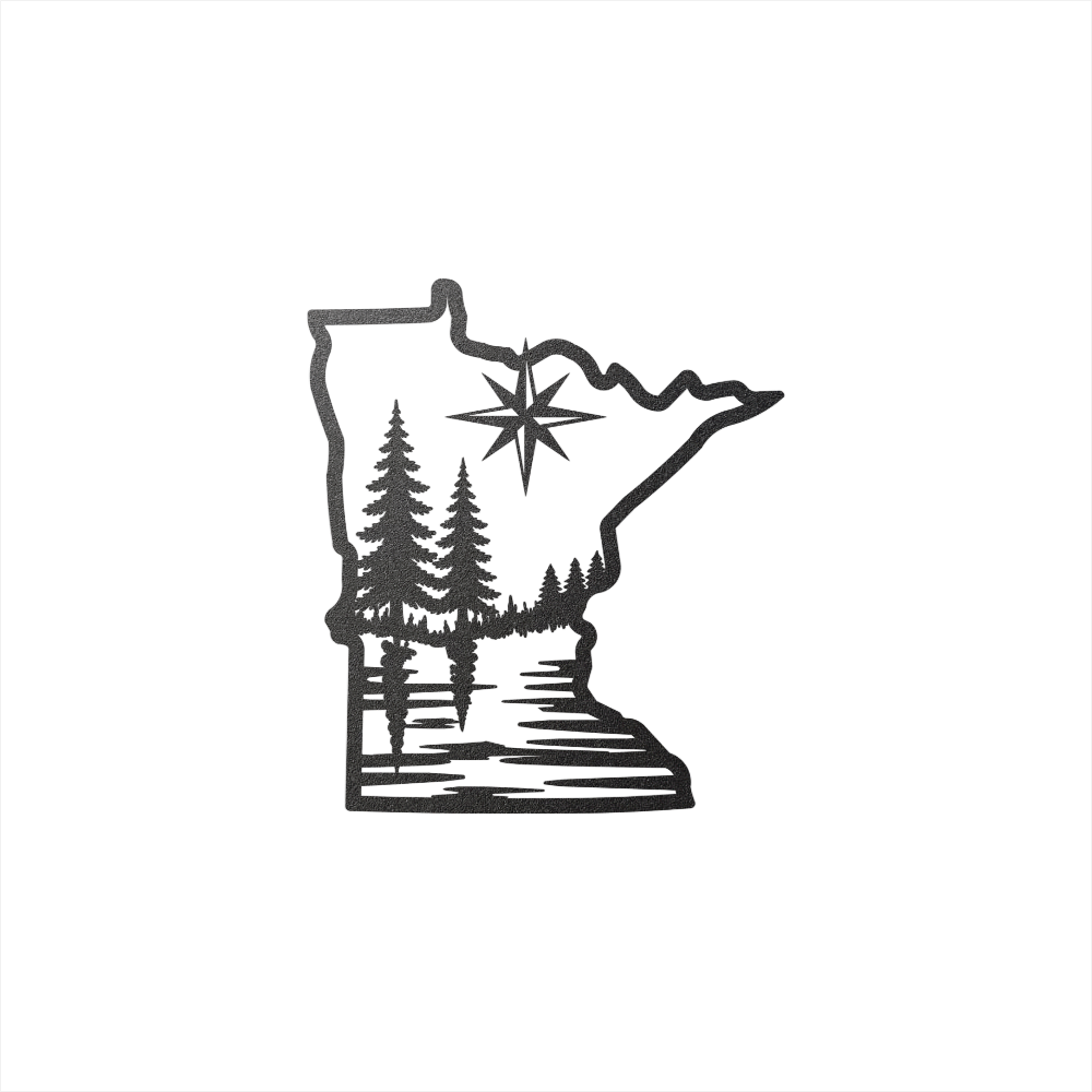 Minnesota with compass star lakes and trees metal art