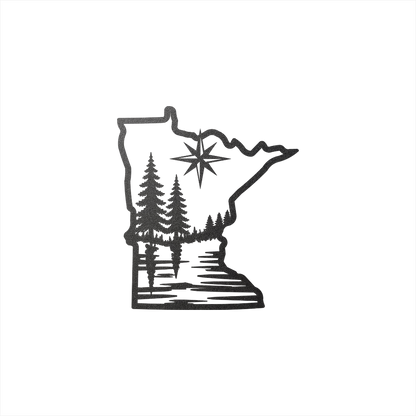 Minnesota with compass star lakes and trees metal art