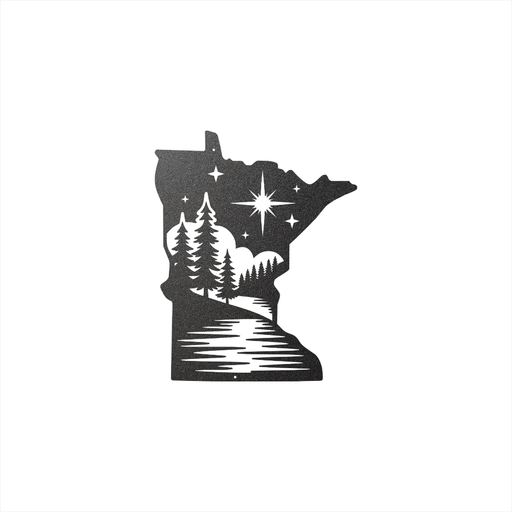 Minnesota state shape metal art wall decor lake and trees with stars
