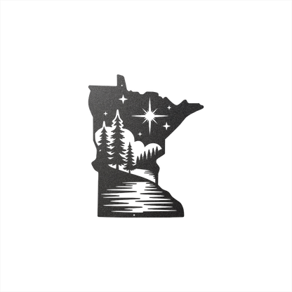 Minnesota state shape metal art wall decor lake and trees with stars