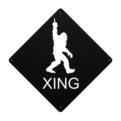 Caution Bigfoot "Giving the Finger" Crossing Metal Sign