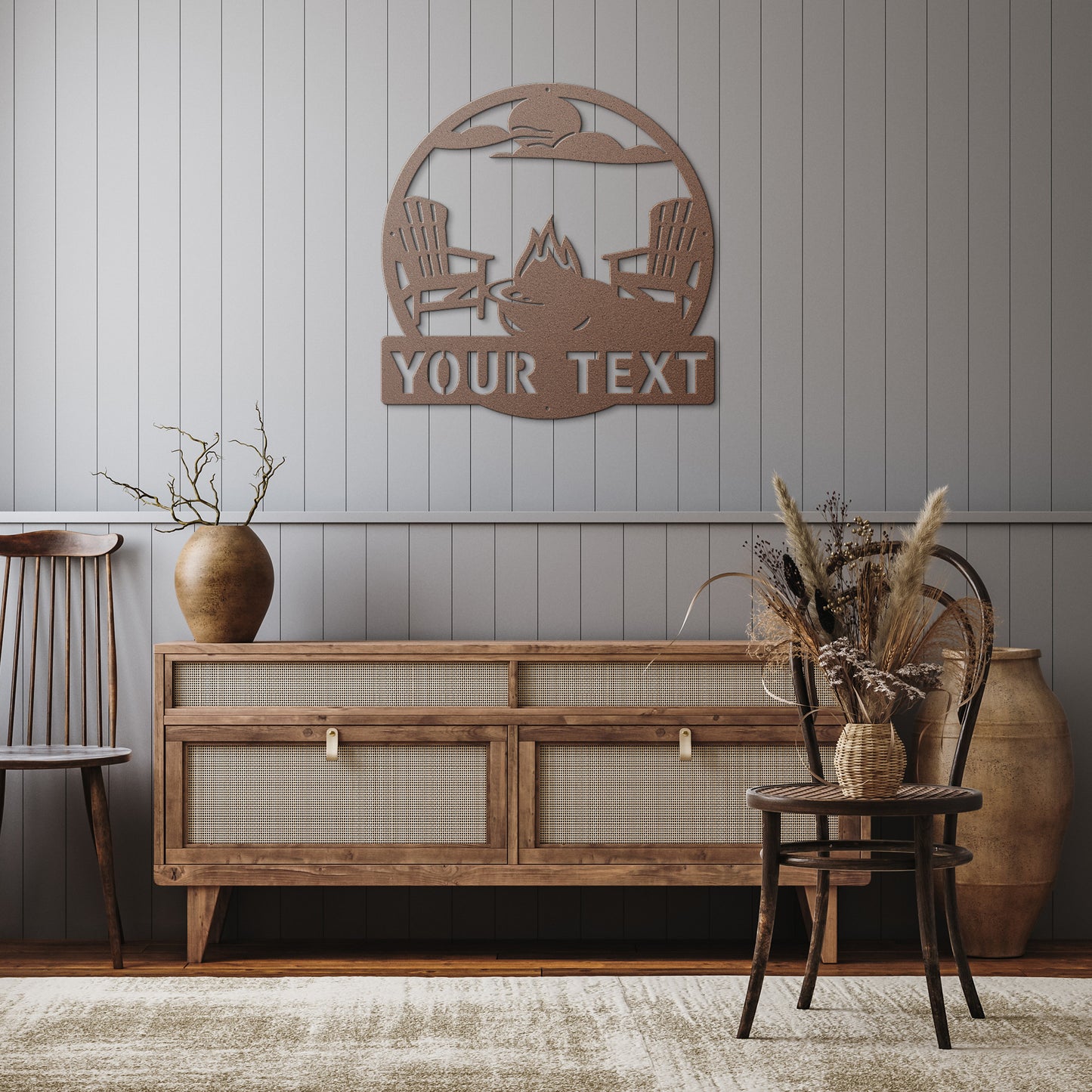 Cozy Campfire Custom Name Sign | Outdoor Metal Chairs Art | Personalized Garden Decor