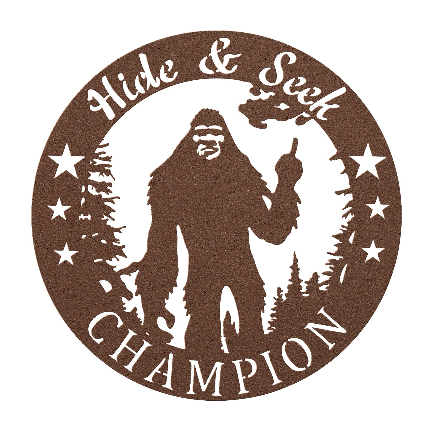 Hide and Seek Champion" Bigfoot Metal Art - Laser Cut Sasquatch Wall Decor