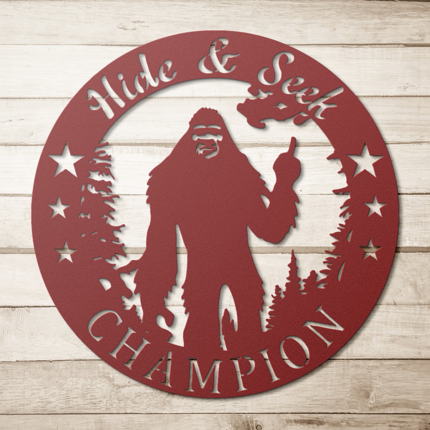 Hide and Seek Champion" Bigfoot Metal Art - Laser Cut Sasquatch Wall Decor