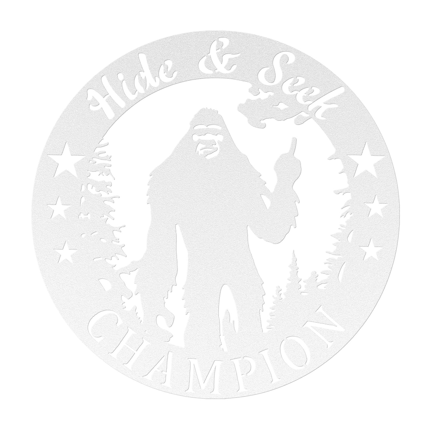 Hide and Seek Champion" Bigfoot Metal Art - Laser Cut Sasquatch Wall Decor