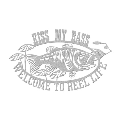 Kiss My Bass Fishing Sign - Humorous Metal Wall Art for Anglers - Laser Cut Sign