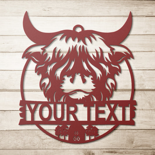 Personalized Custom Text Highland Cow Metal Art | Rustic Wall Decor