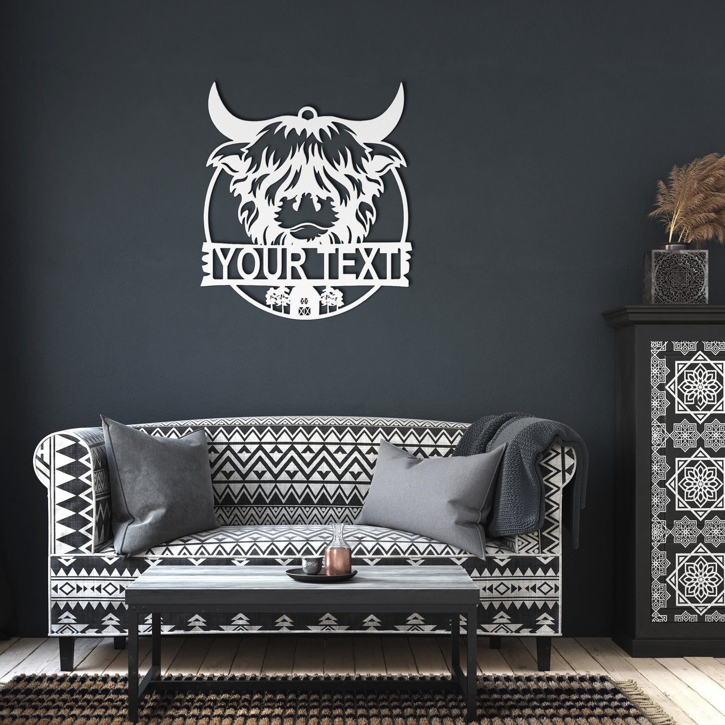 Personalized Custom Text Highland Cow Metal Art | Rustic Wall Decor