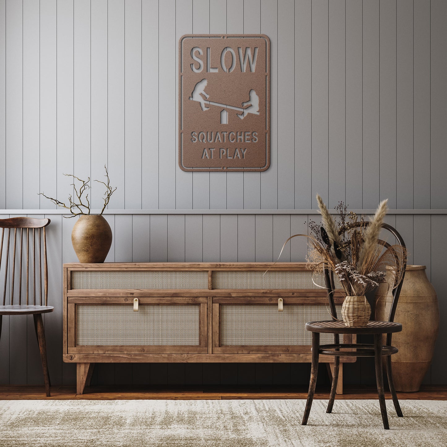 Slow, Sasquatch at Play Metal Art Sign