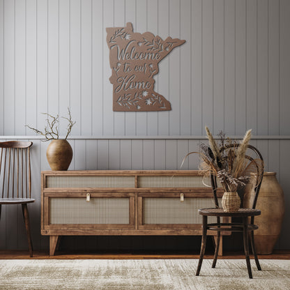 Welcome Home to Minnesota: State Outline Metal Art with 'Welcome to Our Home' Design"