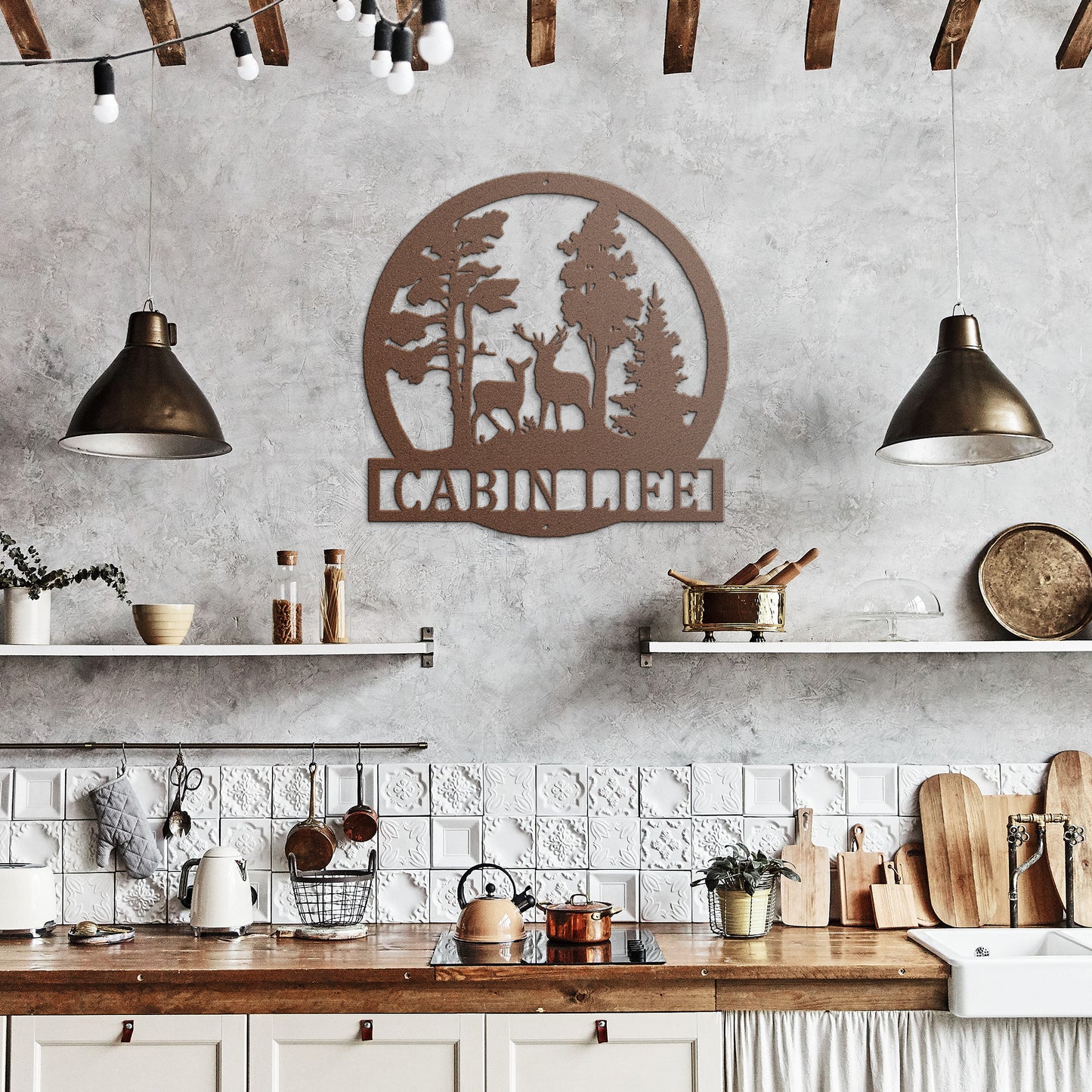 cabin life deer scene in copper color on a wall