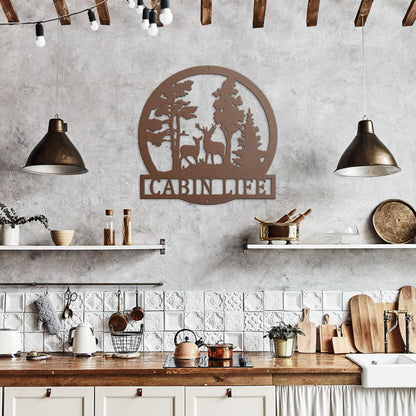 cabin life deer scene in copper color on a wall
