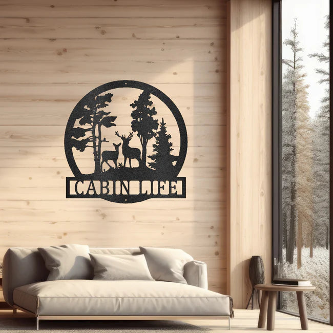 black metal art deer scene on a cabin wall