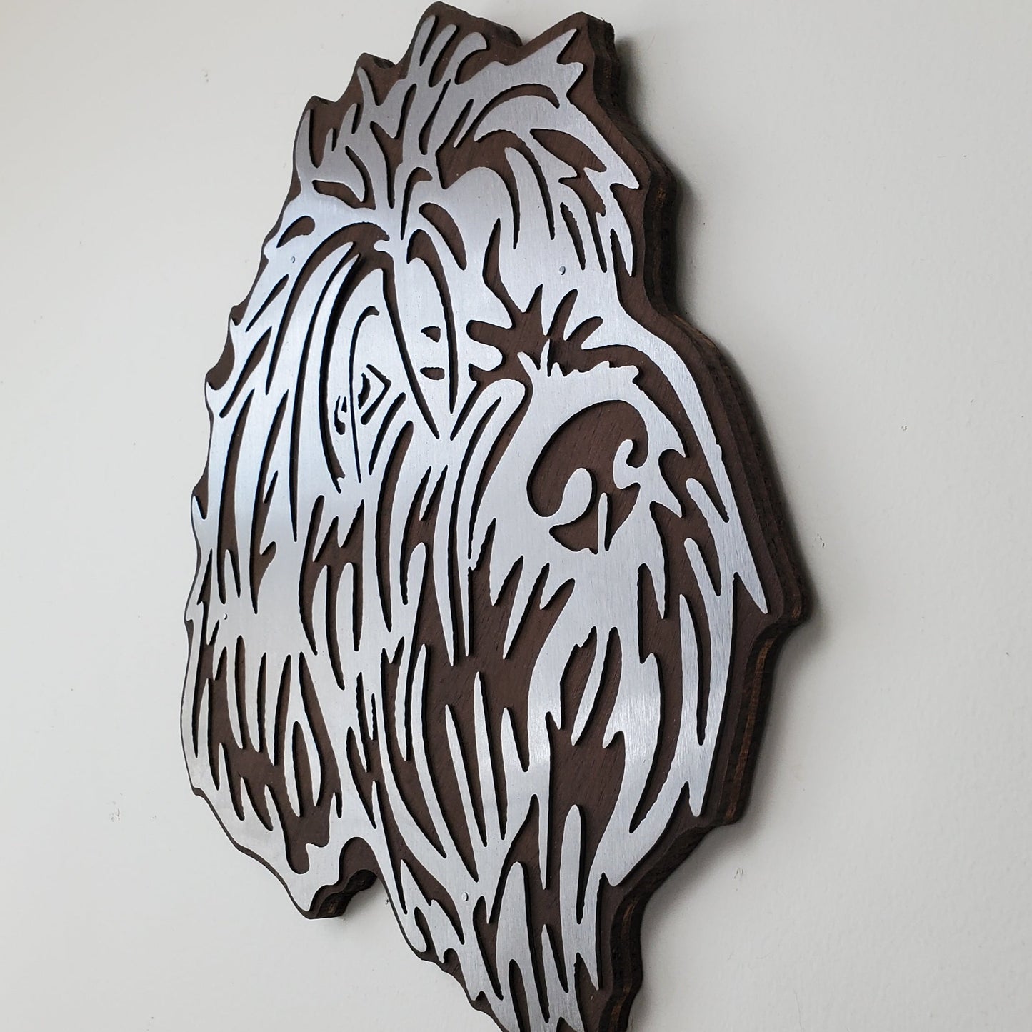 german griffin hunting dog metal art on wood