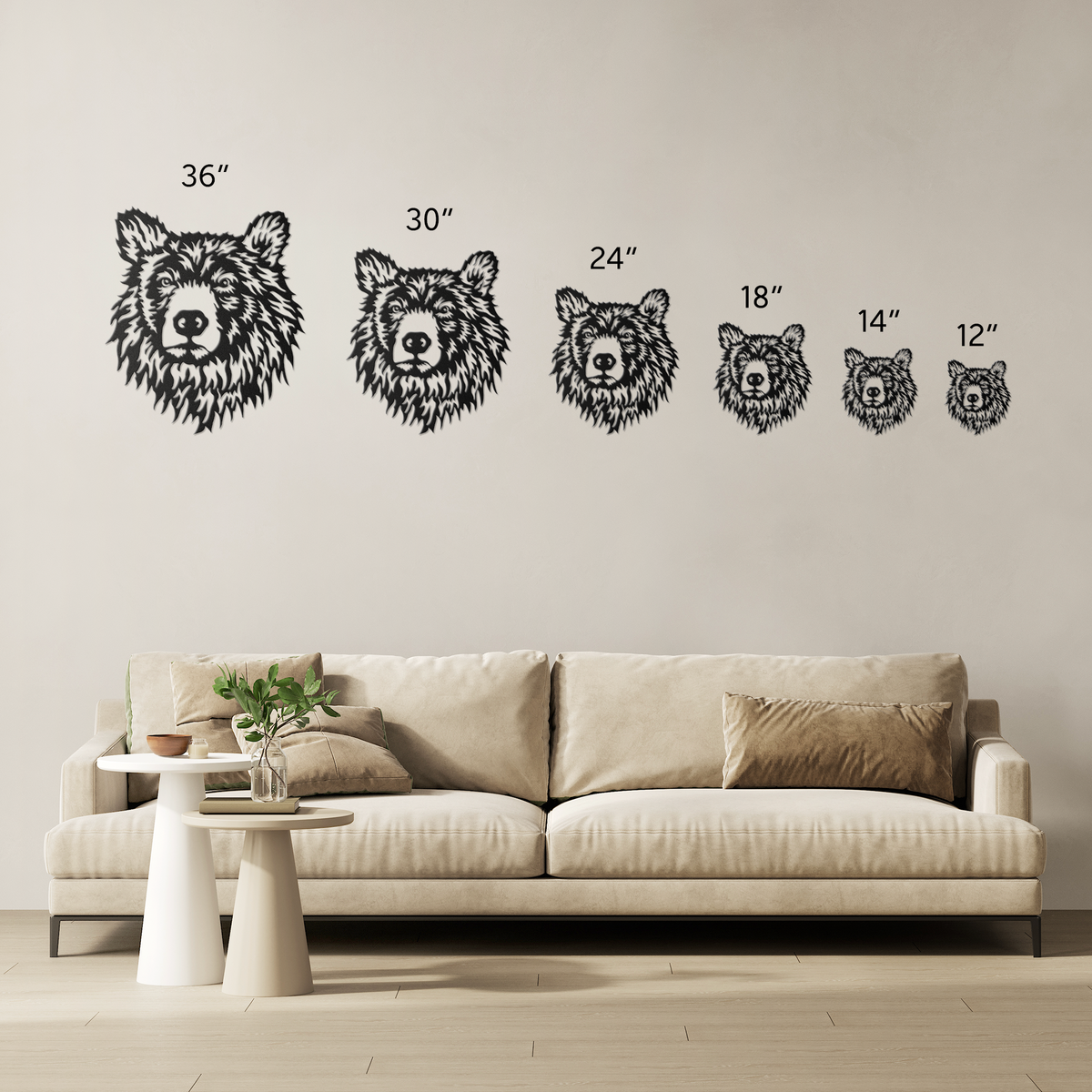 Set of decorative wall stickers with sizes displayed above a beige sofa.