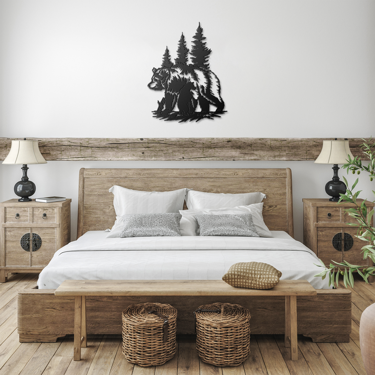 Bear Silhouette Metal Wall Art with Pine Trees