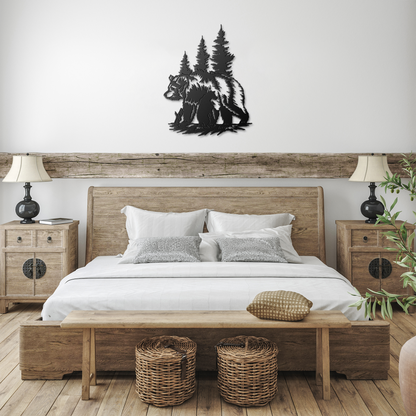 Bear Silhouette Metal Wall Art with Pine Trees