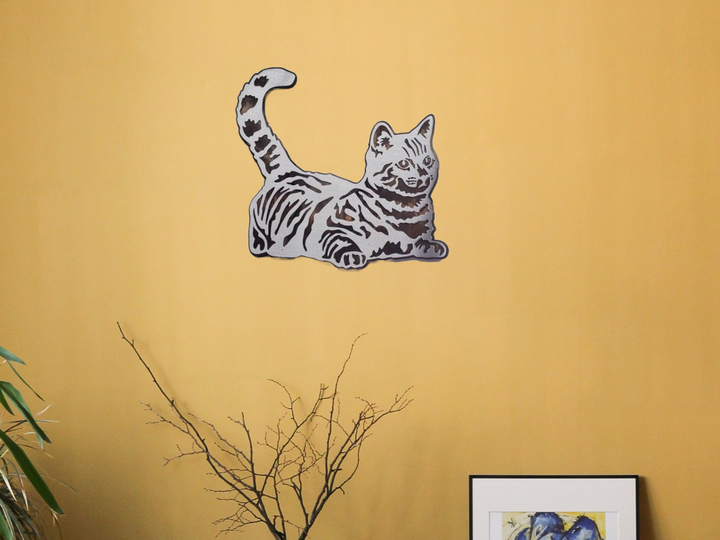 Whisker Whimsy: House Cat Metal Art on Wood