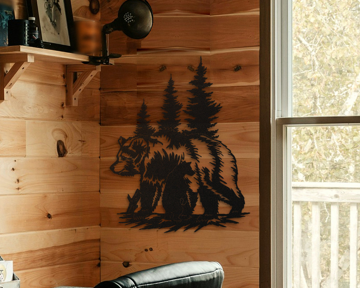 Bear Silhouette Metal Wall Art with Pine Trees