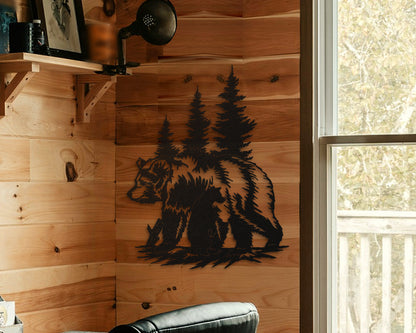 Bear Silhouette Metal Wall Art with Pine Trees