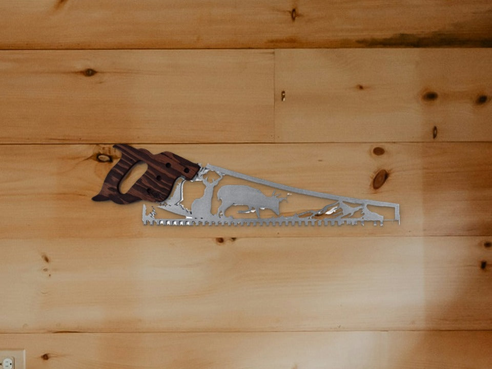 Whitetail deer hand saw wall art with two bucks on a cabin wood plank wall