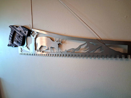 Whitetail deer hand saw wall art, two bucks in a wilderness scene cut out of saw-shaped steel (3)