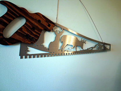 Whitetail deer hand saw wall art, two bucks in a wilderness scene cut out of saw-shaped steel (2)