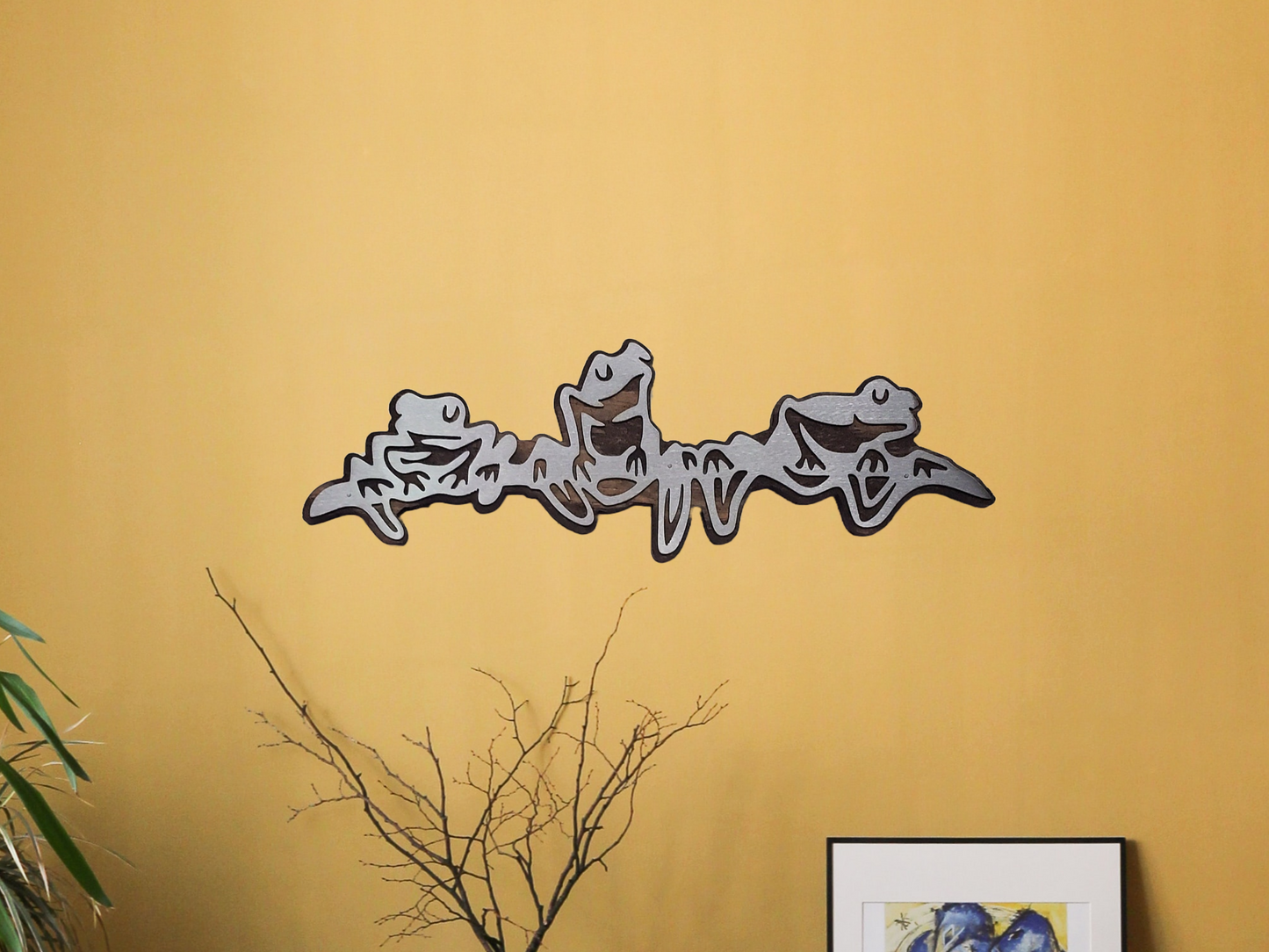 Frogs on a branch scene wall art  metal frog wall hanging     Made in USA    metal on wood rustic wall décor cabin decor lake home